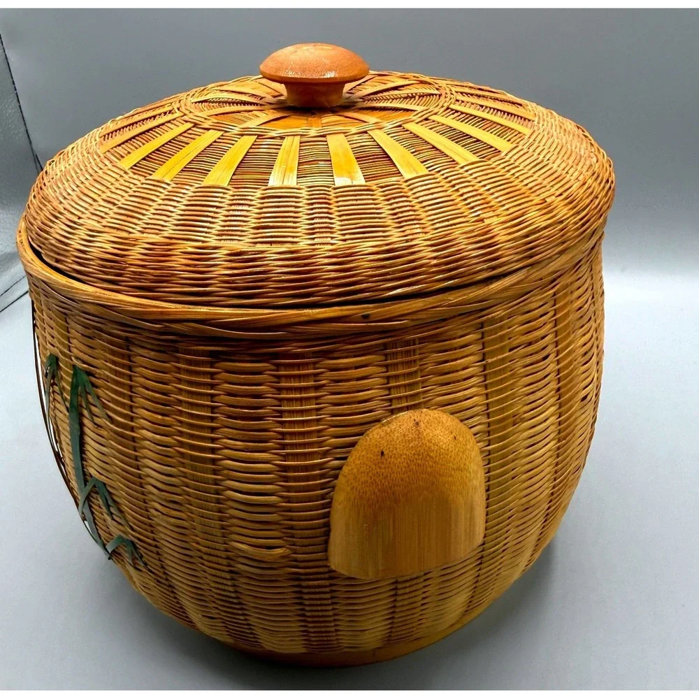 Vintage Wicker Ice Bucket Bird Bamboo Rattan Insulated MCM Tiki Barware 7.5in